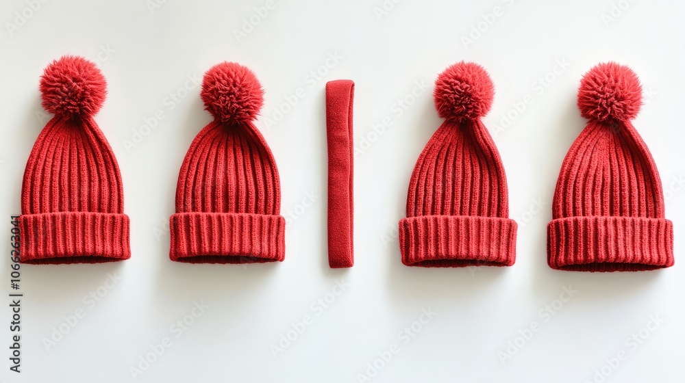 Poster red knitted beanie hats displayed for winter style and warmth generative ai
