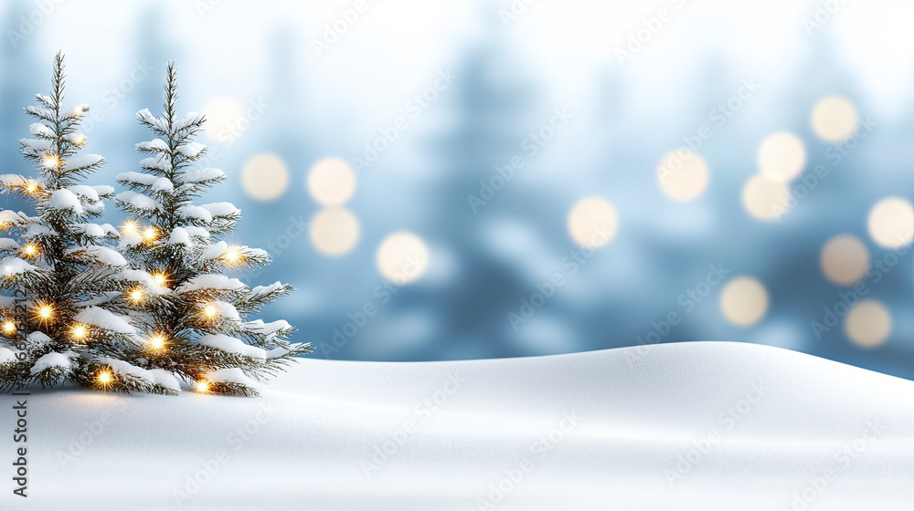 Poster softly blurred scene of snowy forest with tall evergreen trees adorned with lights, creating serene 