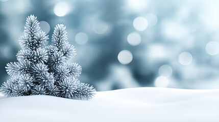 softly blurred scene of snowy forest with small evergreen tree, creating serene winter atmosphere. snow covered ground adds to tranquil beauty