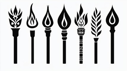 Black White Torch Icons Flame Fire Light Symbol Set