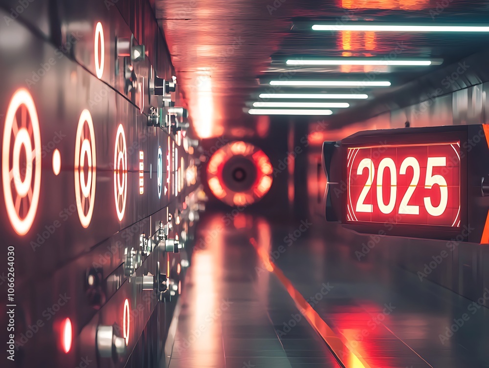 Poster a futuristic hallway with glowing red lights and a prominent digital clock displaying 