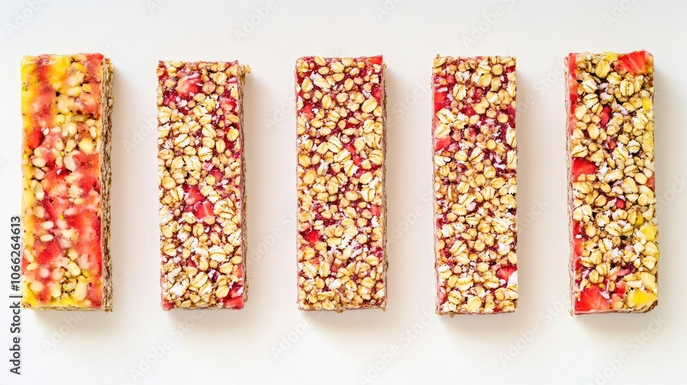 Poster strawberry oat and nut bars lined up on a white background generative ai