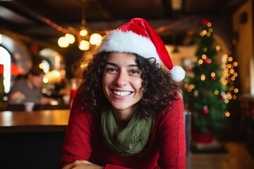 Portrait of a beautiful young woman wearing santa hat at christmas time