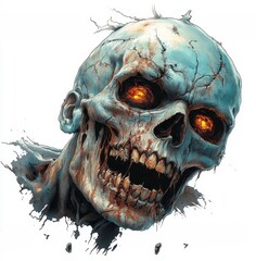  Creepy cracked skull with glowing eyes in a horror illustration.