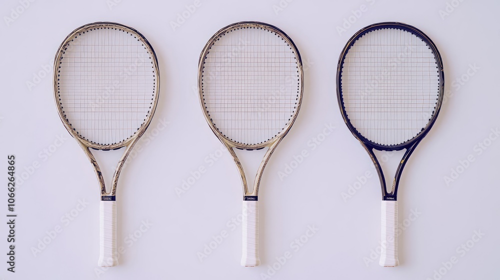 Poster three tennis rackets displayed on a light background for comparison generative ai