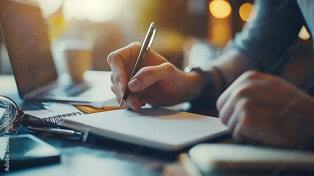 Poster a close-up view of a person writing in a notebook with a pen, set in a cozy environment with soft li