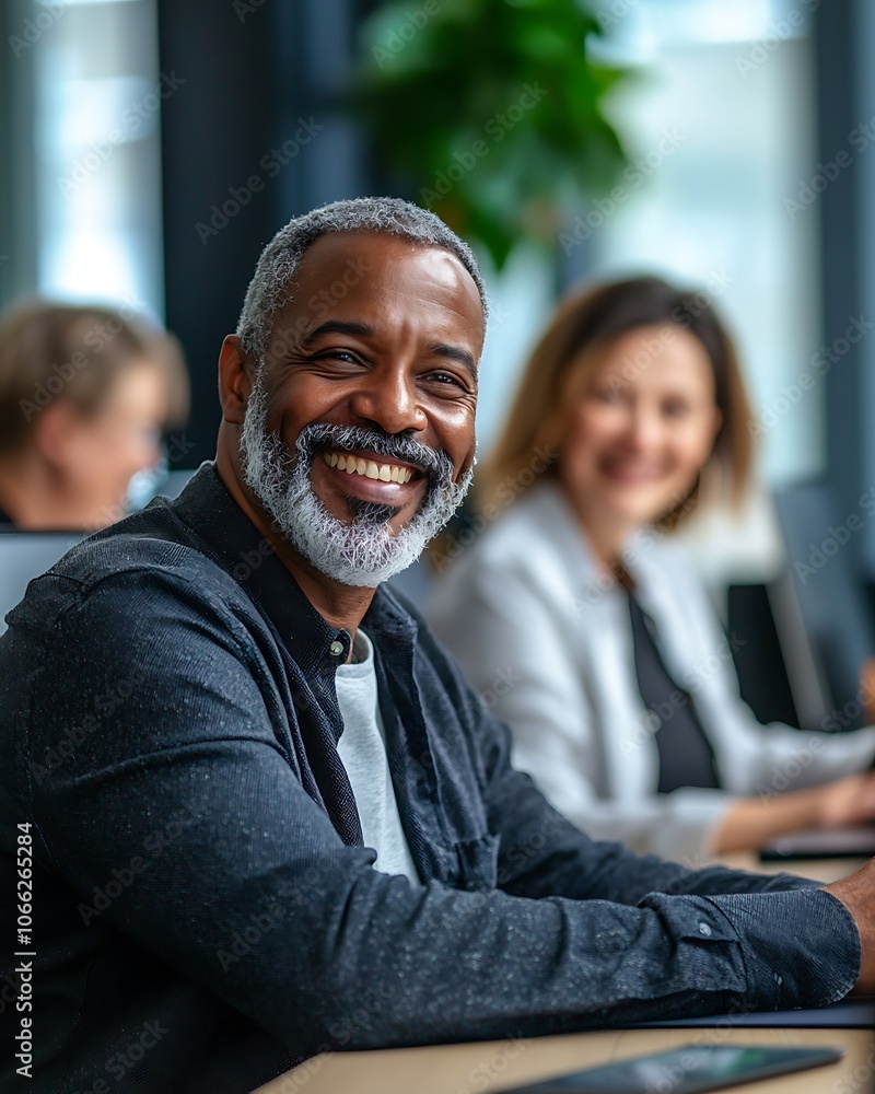 Poster the image shows a cheerful man with a beard in a modern meeting setting, seated at a table with a sm