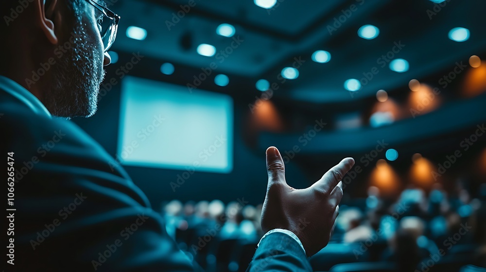 Poster a speaker gestures passionately during a presentation in an auditorium filled with attentive listene