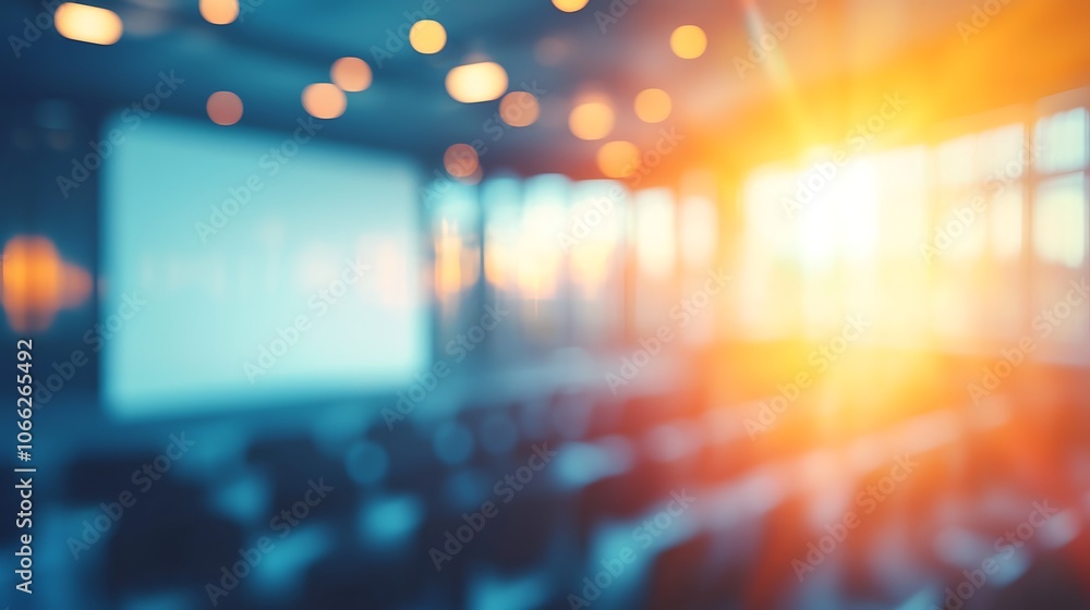 Aufkleber a blurred view of a conference or seminar room, illuminated by warm sunlight, creating a cozy atmosp