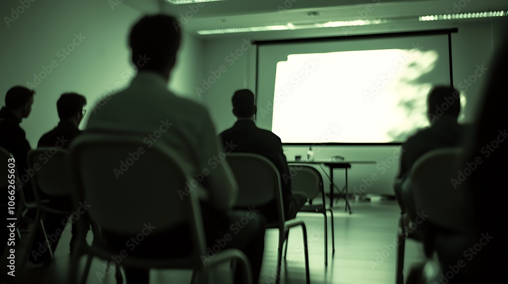 Poster a group of individuals attentively watching a presentation in a dimly lit room, with a screen displa