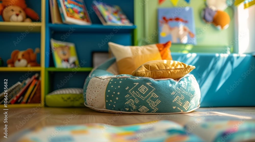 Poster sunlight streaming through a window illuminates a comfortable beanbag chair adorned with colorful pi
