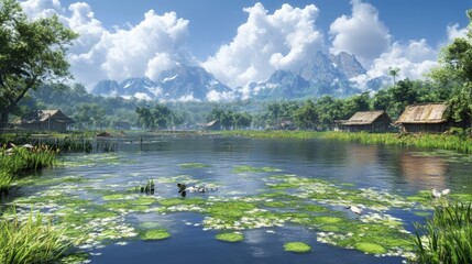 Serene Lakeside Village in Mountain Landscape Peaceful Nature Scene