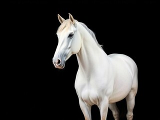 Obraz premium A majestic white horse stands alone against a dark backdrop, its coat glistening in the spotlight, white horse, white stallion, equine