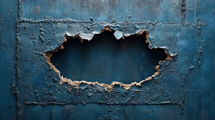 A hole in a blue metal surface, with cracked and chipped paint around the edges, creating a rough and textured background.
