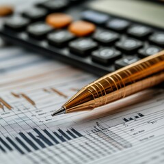 Financial Analysis Close up of Pen Calculator Charts