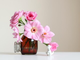 Bottle filled with fresh pink flowers and a small white ceramic figurine perched on the rim, garden party, springtime