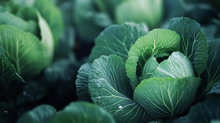 Obraz premium 111.A detailed view of a healthy cabbage plant with large, layered leaves growing in an organic garden bed. The soft morning light highlights the intricate textures of the cabbage leaves, while the