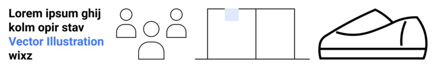 Lorem Ipsum text with three people icons, rectangular chart, and outlined shoe. Ideal for presentations, infographics, business reports, educational materials, marketing strategies, vector artworks
