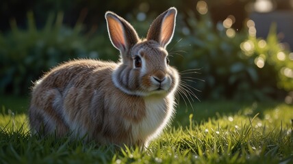 Fototapeta premium a rabbit standing in a lush green meadow, bathed in the warm glow of the morning sun. The rabbit's soft fur, long ears, and curious expression are captured in stunning detail.