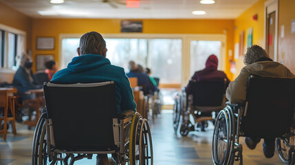 Elderly people in wheelchairs at a nursing home, assisted living facility, senior care center, disability support, healthcare services, rehabilitation, and aging community assistance