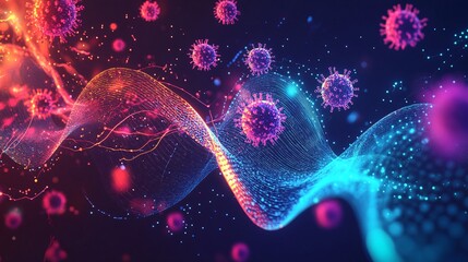 53.A futuristic vector backdrop featuring digital waves and a floating antivirus shield. The scene is layered with abstract virus forms in the background, while the shield glows with vibrant energy,