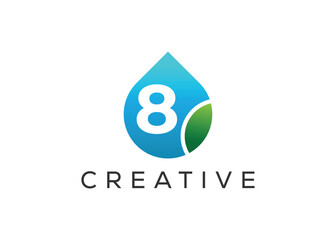 Creative and innovative number eight and drop leaf logo design. Eco drop logo