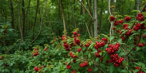Panoramic shot of a lush forest with wild berries growing in the underbrush, flora, underbrush
