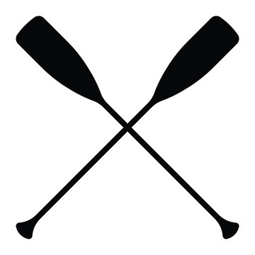 Two crossed oars vector icon. Two black Kayak or canoe paddle silhouette. Rowing paddles sign. Plastic oars. Water sport. River rafting. Symbol isolated on white background.