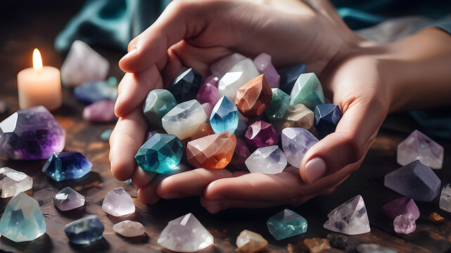 Semi precious stones. Magic crystals, spiritual esoteric practice for relax and meditation.  AI generated image, ai