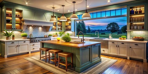 Modern Night Photography of a Stylish Kitchen with Island, Open Shelving, and Farmhouse Sink Featuring Sleek Appliances in a Bright and Airy Atmosphere