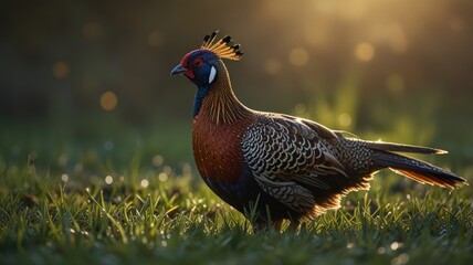 an Impeyan Pheasant, a vibrant and majestic bird native to the Himalayan region. Its iridescent plumage, with shades of blue, green, and brown, creates a stunning visual display.