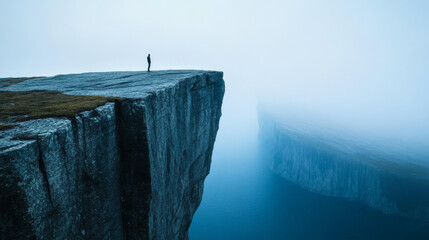lone figure stands on cliff, gazing into vast, misty expanse. serene atmosphere evokes sense of solitude and contemplation, surrounded by nature beauty