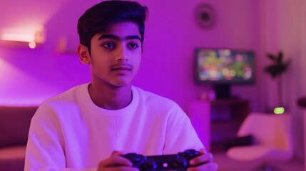 Focused Boy Enjoying Video Games in Modern Room