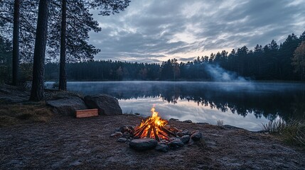 100.A peaceful scene of a campfire crackling beside a tranquil lake, set against the backdrop of a twilight forest. The fireâ€™s flames dance in the fading light, creating a welcoming spot to relax