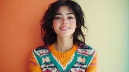 Fototapeta premium International Sweater Vestival: A cheerful woman in a colorful patterned sweater, smiling warmly against a soft color background, embodying cozy winter style and happiness.