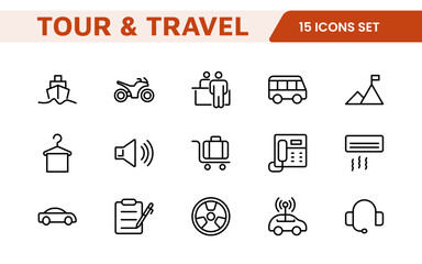 Travel Booking Icon Set. Stylish and user-friendly icons for enhancing travel apps, websites, and services, perfect for streamlining flight searches, hotel bookings, and adventure planning.