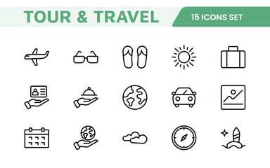 Travel Booking Icon Set. Stylish and user-friendly icons for enhancing travel apps, websites, and services, perfect for streamlining flight searches, hotel bookings, and adventure planning.