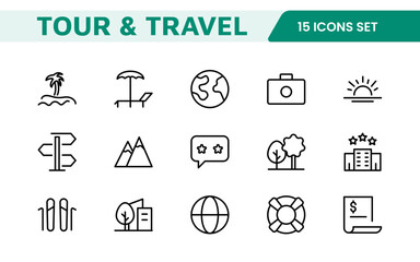 Travel Booking Icon Set. Stylish and user-friendly icons for enhancing travel apps, websites, and services, perfect for streamlining flight searches, hotel bookings, and adventure planning.