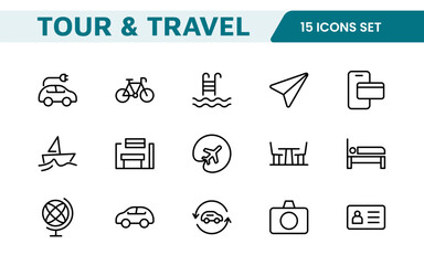 Travel Booking Icon Set. Stylish and user-friendly icons for enhancing travel apps, websites, and services, perfect for streamlining flight searches, hotel bookings, and adventure planning.