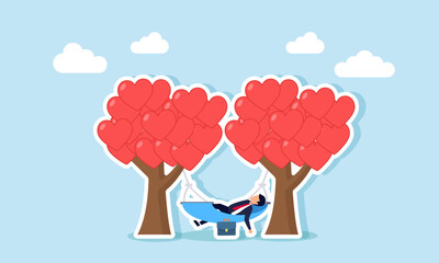 A businessman relaxes in a hammock tied to two heart-shaped trees, illustration of enjoying business performance with lovable products