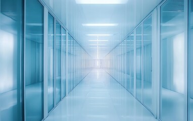 Obraz premium A long, bright, and sterile hallway with glass walls and a white tiled floor.