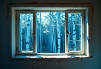 Old Window Frame Capturing Ethereal Birch Forest: Weathered White Paint, Nostalgic Charm, Blue-Tinted Nature Scene, Rustic Wall Decor, Tranquil Woodland View, Indoor-Outdoor Fusion, Vintage-Inspired P