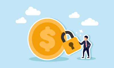 A businessman stands beside a dollar coin locked with a padlock, illustration of an international financial strategy requiring all business transactions in dollars