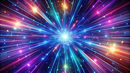 Cosmic hyperspace background with neon glowing abstract rays and stars in motion moving through stars in a