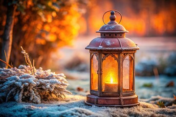 Rustic Lantern with Warm Glow in Nature Setting - Vintage Illumination, Atmospheric Lighting, Outdoor Decor, Garden Accent, Cozy Ambiance, Enchanted Evening, Rustic Charm