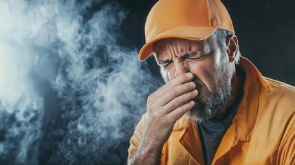 Industrial worker coughing, illustrating respiratory health risks from chemical exposure