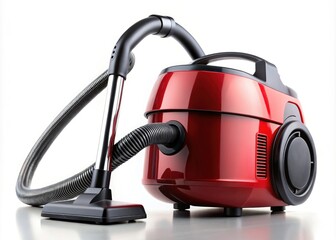 Sleek Red and Black Vacuum Cleaner Against a White Background - Home Cleaning Appliance, Modern Design, High Depth of Field, Interior Decor, Household Essential, Vacuuming Equipment