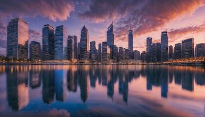 Obraz premium Breathtaking Sunset Over a Modern Cityscape with Skyscrapers Reflected in a Calm Waterway