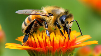 Bees pollinate vibrant flowers to support ecosystems and biodiversity in nature's cycle