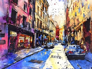 Fototapeta premium Vibrant Urban Watercolor Sketch of a Bustling City Street with Architectural Details